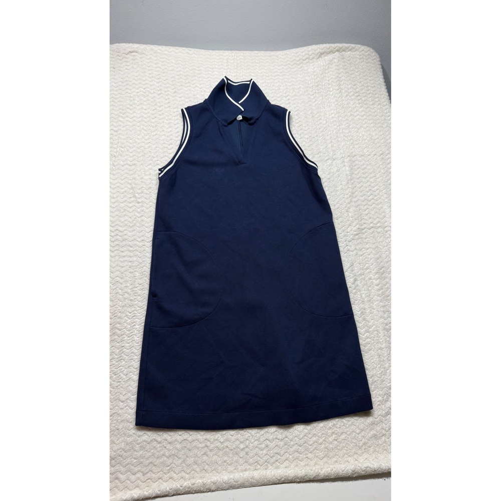 Spanx Women Navy Blue Sleeveless Pique Polo Dress White Trim XS 4775